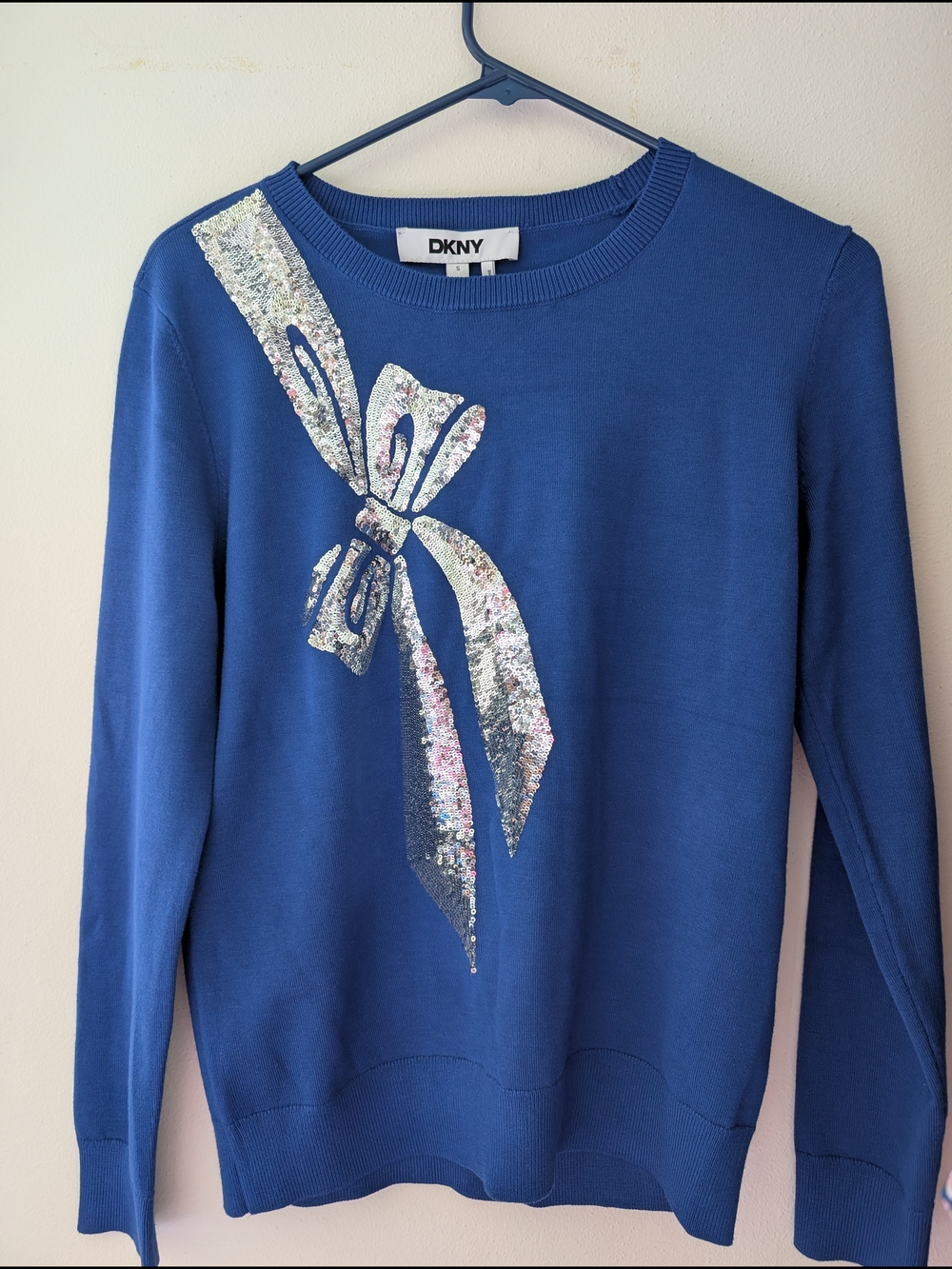 DKNY Royal Blue Crewneck Sweater with Sequin Bow